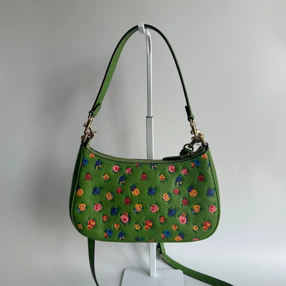 Coach Teri Shoulder Bag Vintage Rose Print Green Leather Bag CA616